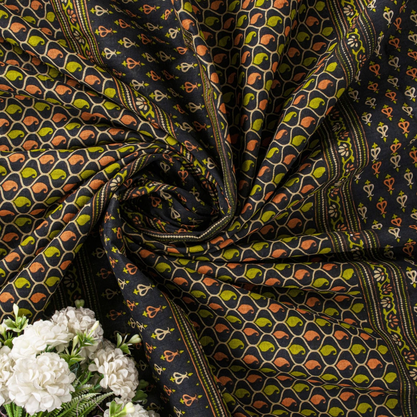 Sanskriti Vintage Saree Black Pure Cotton Floral Printed Sari 5+YD Craft Fabric