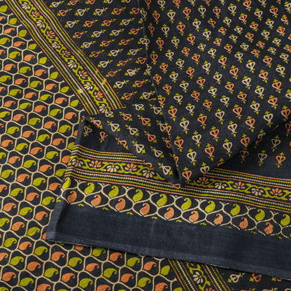 Sanskriti Vintage Saree Black Pure Cotton Floral Printed Sari 5+YD Craft Fabric