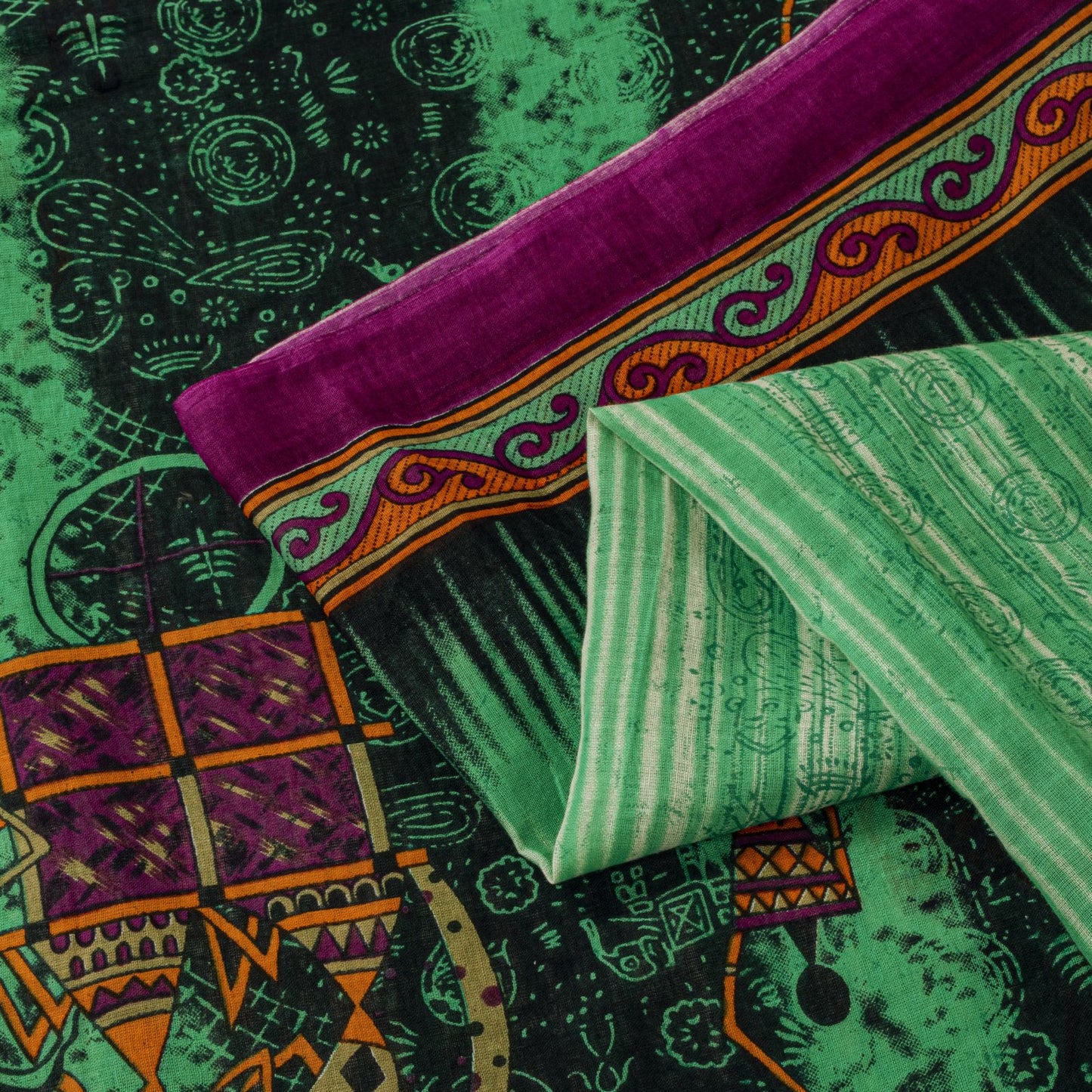 Sanskriti Vintage Saree Green Pure Cotton Warli Art Print Sari 5+YD Craft Fabric