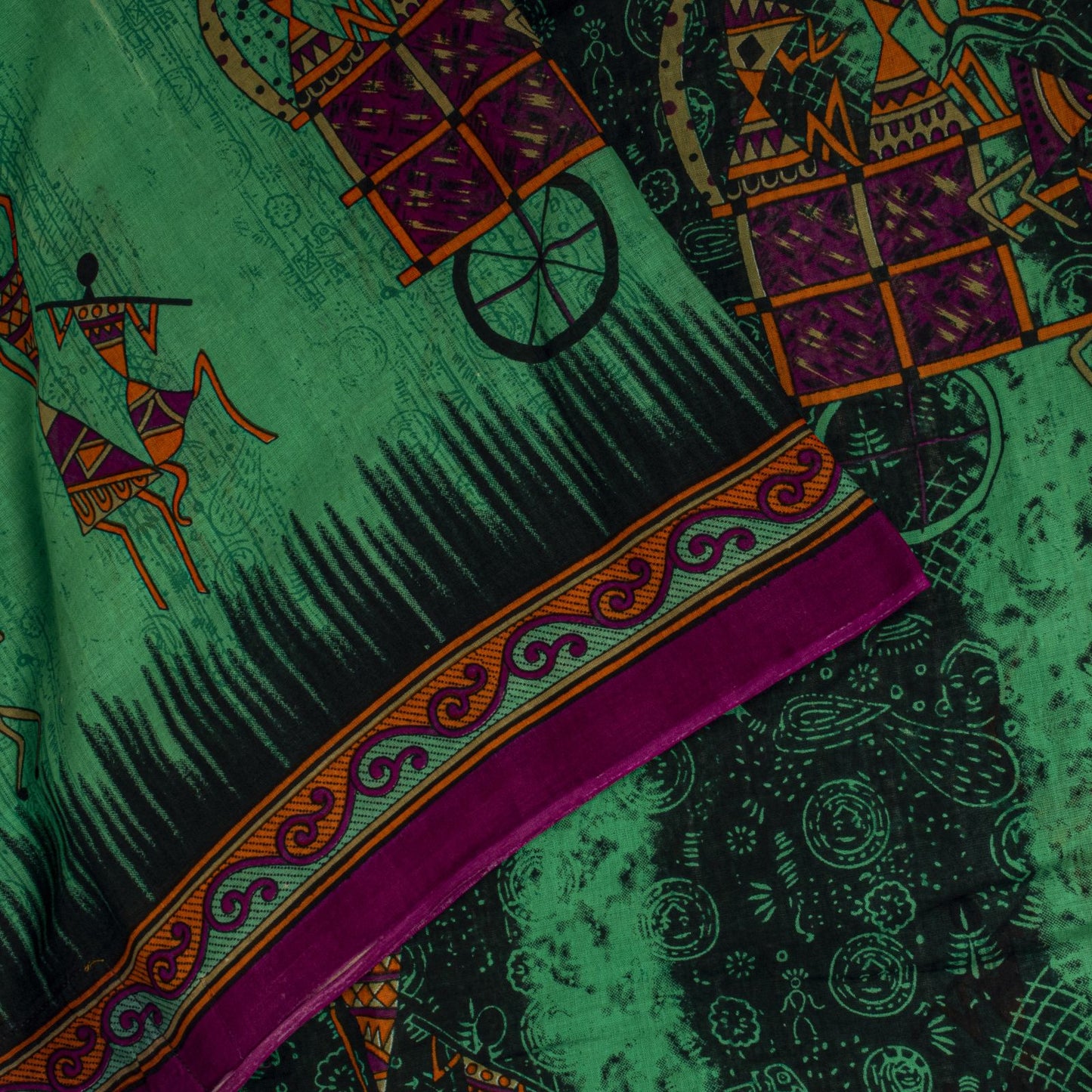 Sanskriti Vintage Saree Green Pure Cotton Warli Art Print Sari 5+YD Craft Fabric