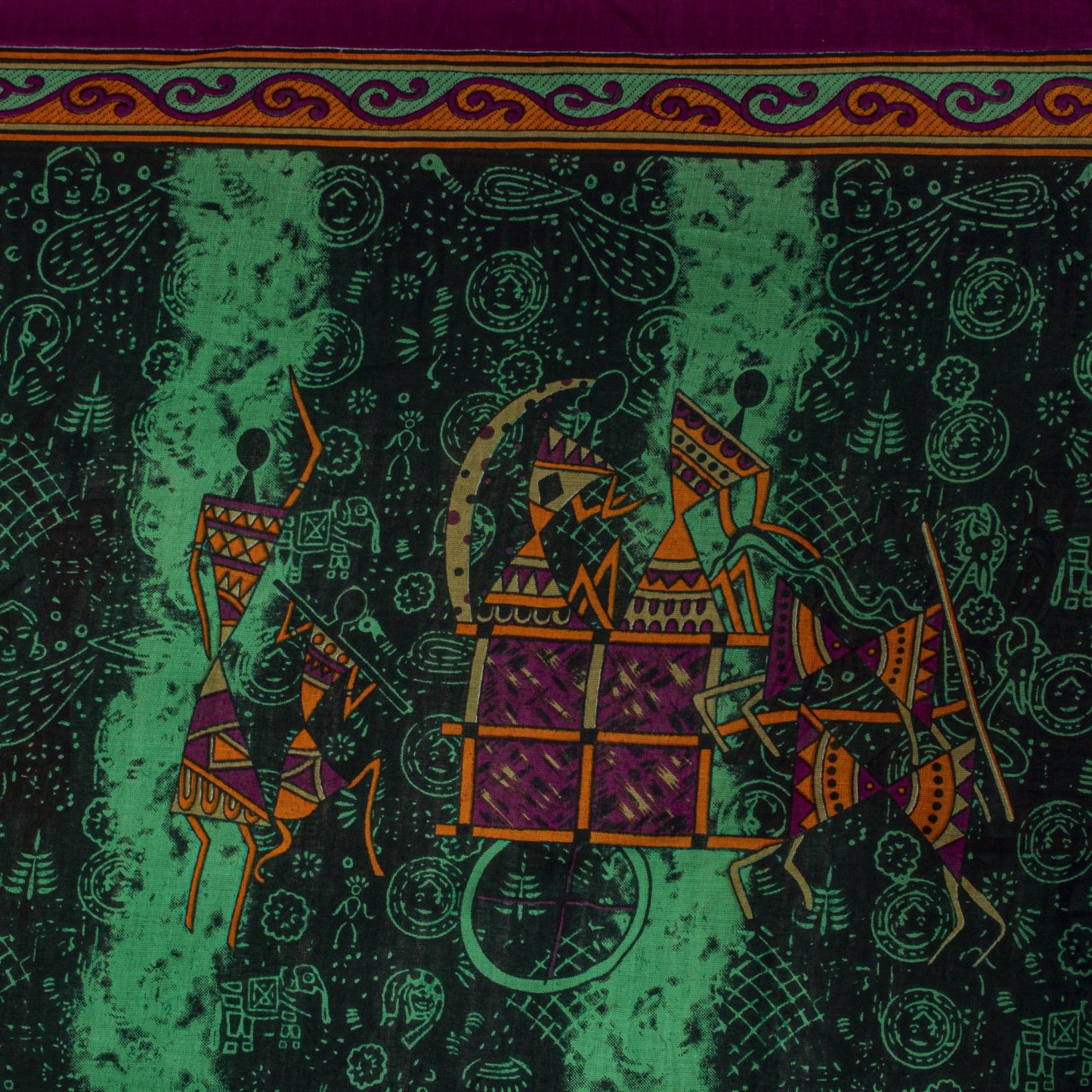 Sanskriti Vintage Saree Green Pure Cotton Warli Art Print Sari 5+YD Craft Fabric