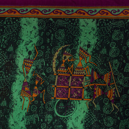 Sanskriti Vintage Saree Green Pure Cotton Warli Art Print Sari 5+YD Craft Fabric