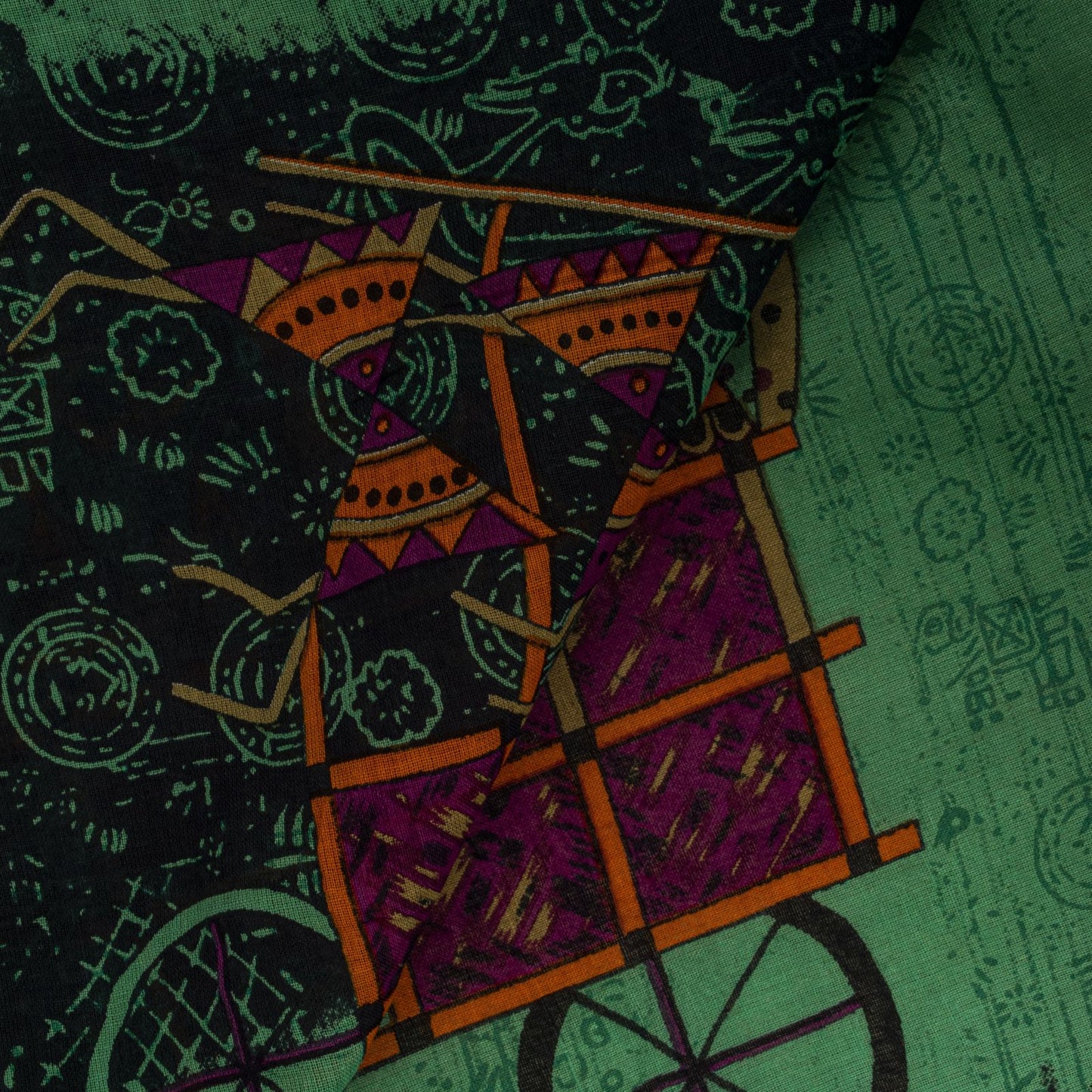 Sanskriti Vintage Saree Green Pure Cotton Warli Art Print Sari 5+YD Craft Fabric