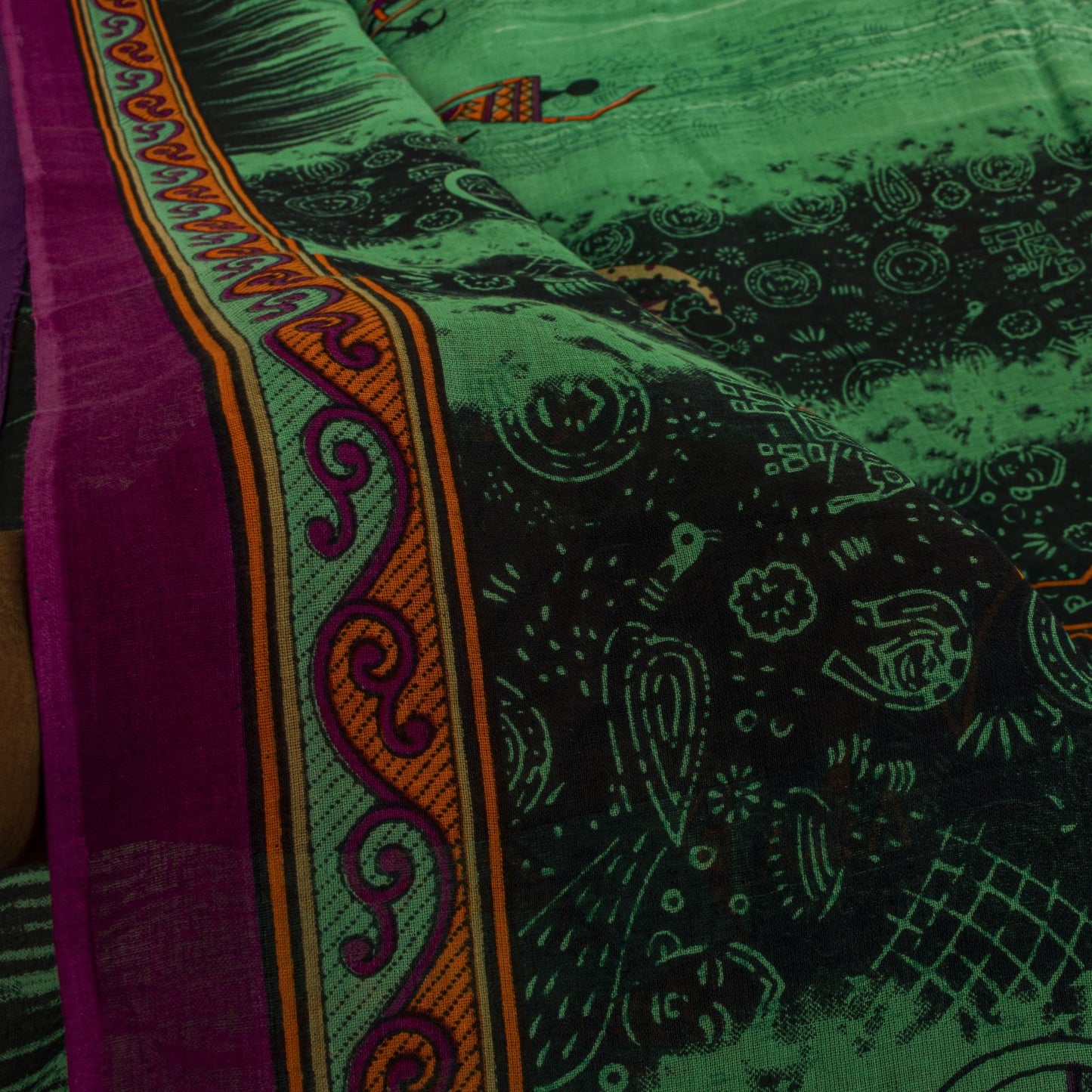 Sanskriti Vintage Saree Green Pure Cotton Warli Art Print Sari 5+YD Craft Fabric