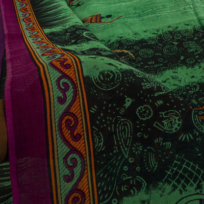 Sanskriti Vintage Saree Green Pure Cotton Warli Art Print Sari 5+YD Craft Fabric
