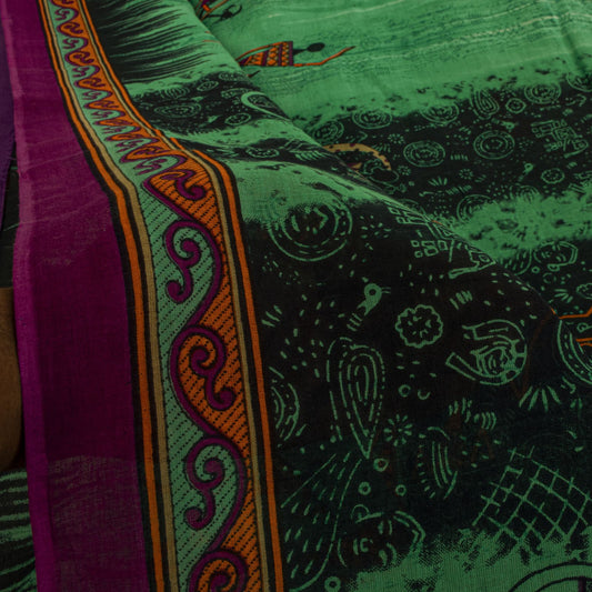 Sanskriti Vintage Saree Green Pure Cotton Warli Art Print Sari 5+YD Craft Fabric