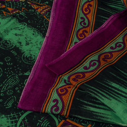 Sanskriti Vintage Saree Green Pure Cotton Warli Art Print Sari 5+YD Craft Fabric