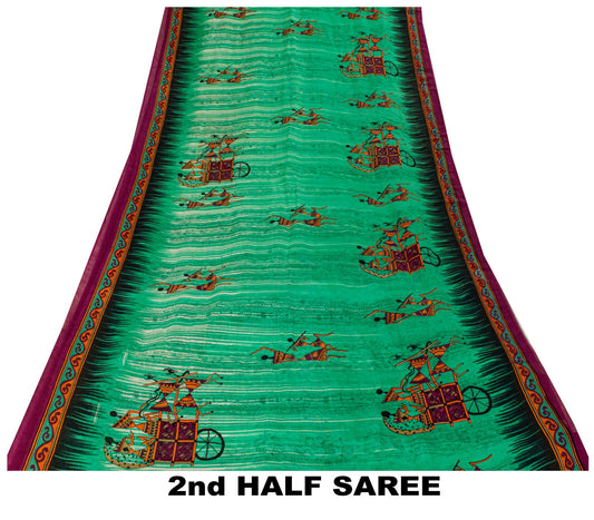 Sanskriti Vintage Saree Green Pure Cotton Warli Art Print Sari 5+YD Craft Fabric