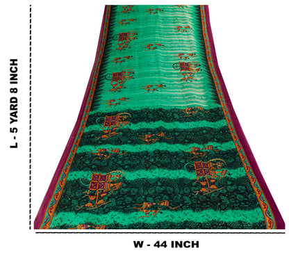Sanskriti Vintage Saree Green Pure Cotton Warli Art Print Sari 5+YD Craft Fabric