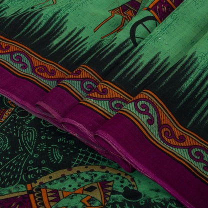 Sanskriti Vintage Saree Green Pure Cotton Warli Art Print Sari 5+YD Craft Fabric