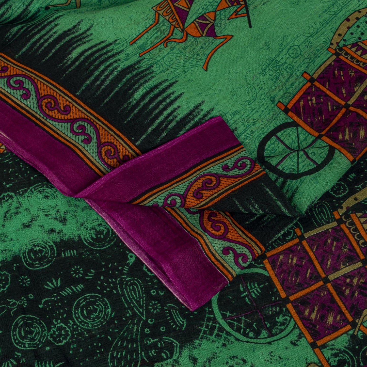 Sanskriti Vintage Saree Green Pure Cotton Warli Art Print Sari 5+YD Craft Fabric