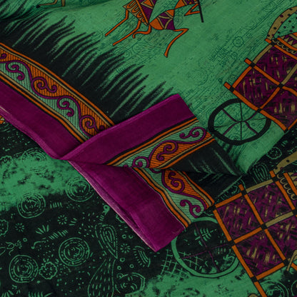 Sanskriti Vintage Saree Green Pure Cotton Warli Art Print Sari 5+YD Craft Fabric