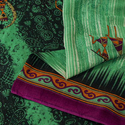 Sanskriti Vintage Saree Green Pure Cotton Warli Art Print Sari 5+YD Craft Fabric