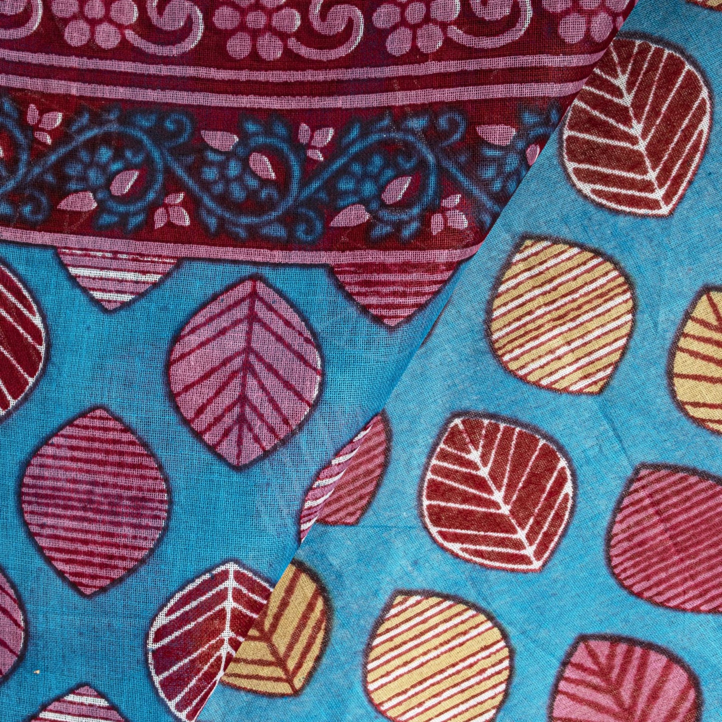 Sanskriti Vintage Saree Blue 100%Pure Cotton Leaf Printed Sari 5+YD Craft Fabric