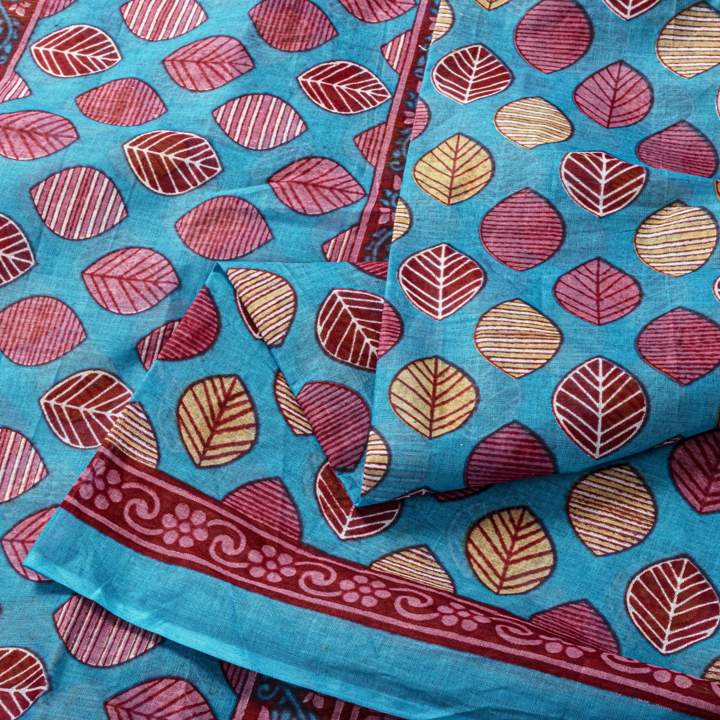 Sanskriti Vintage Saree Blue 100%Pure Cotton Leaf Printed Sari 5+YD Craft Fabric