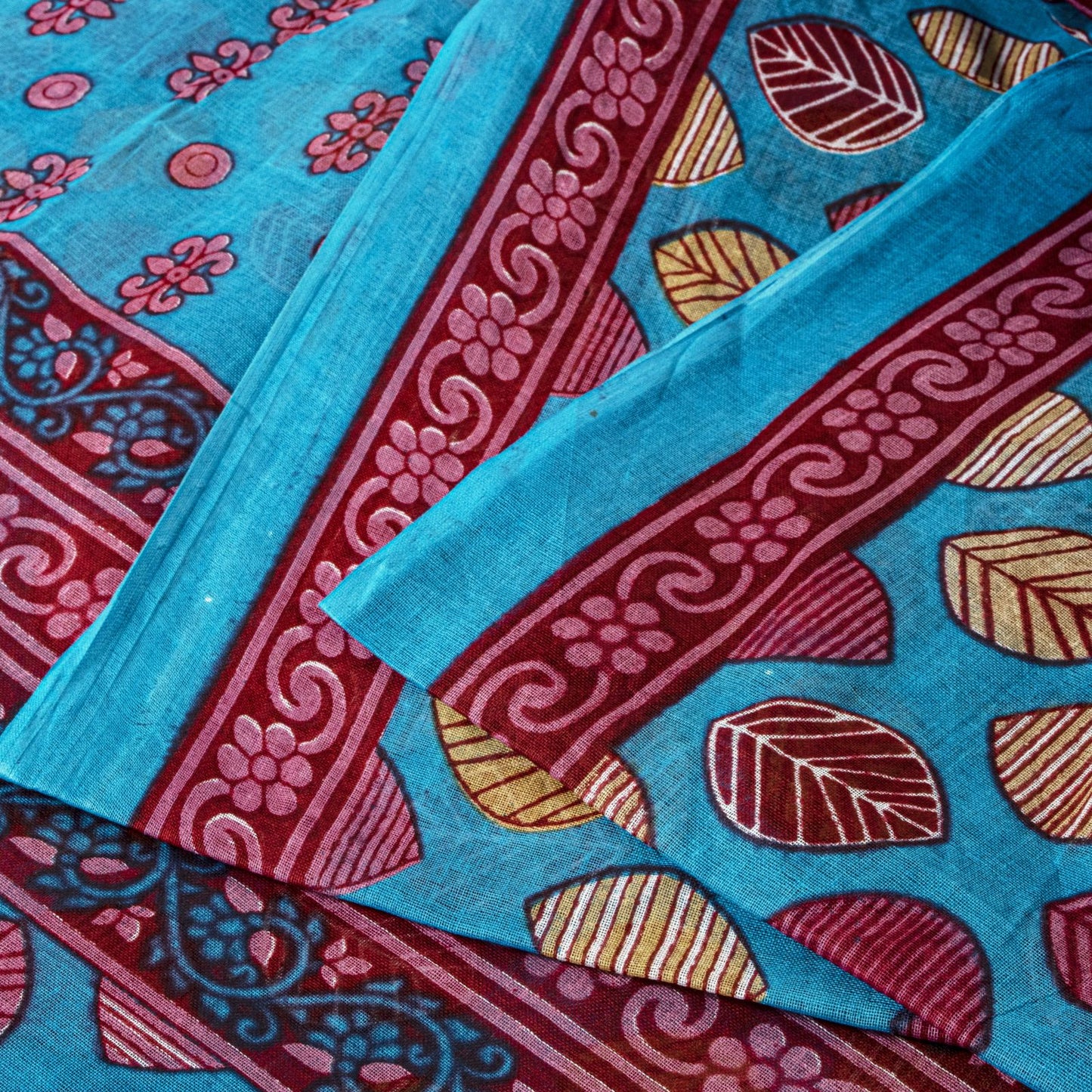 Sanskriti Vintage Saree Blue 100%Pure Cotton Leaf Printed Sari 5+YD Craft Fabric