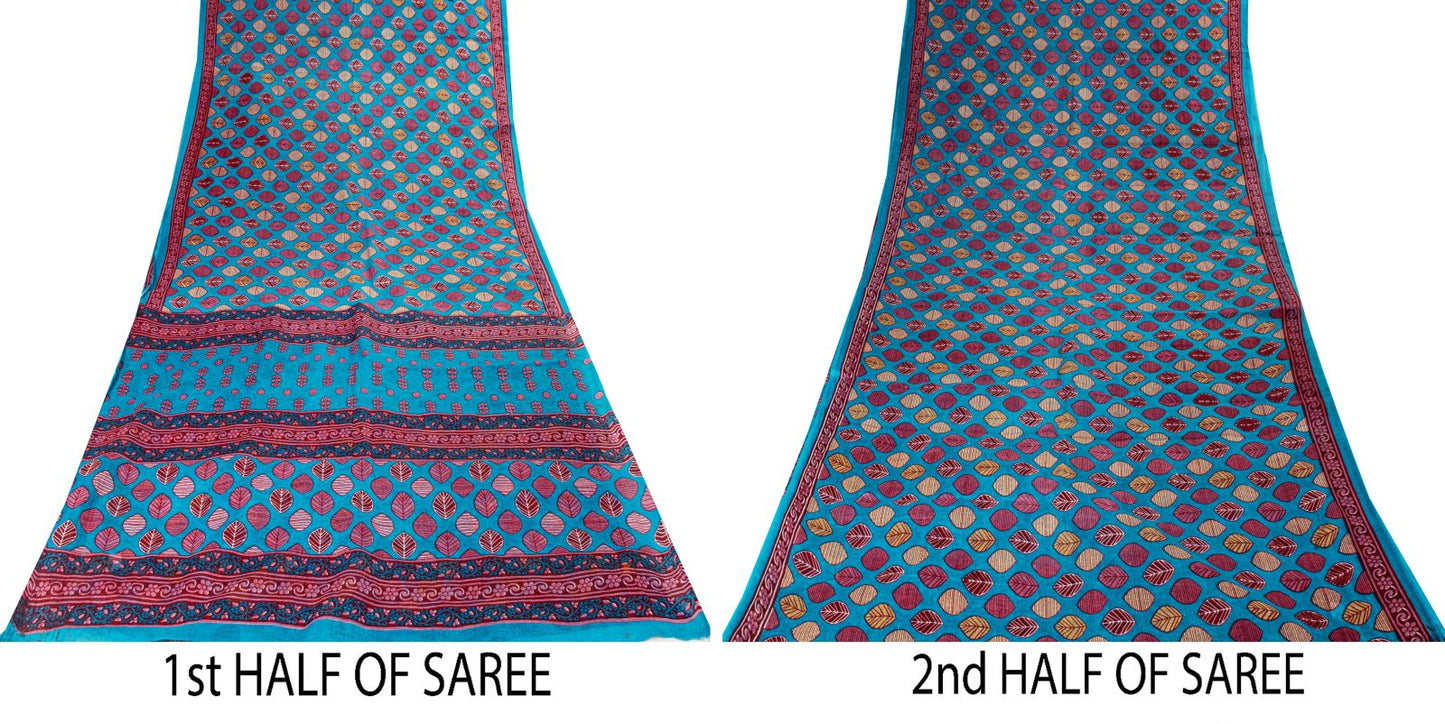 Sanskriti Vintage Saree Blue 100%Pure Cotton Leaf Printed Sari 5+YD Craft Fabric