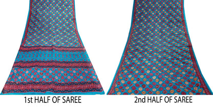 Sanskriti Vintage Saree Blue 100%Pure Cotton Leaf Printed Sari 5+YD Craft Fabric