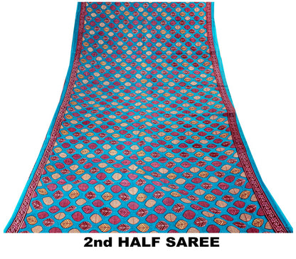 Sanskriti Vintage Saree Blue 100%Pure Cotton Leaf Printed Sari 5+YD Craft Fabric