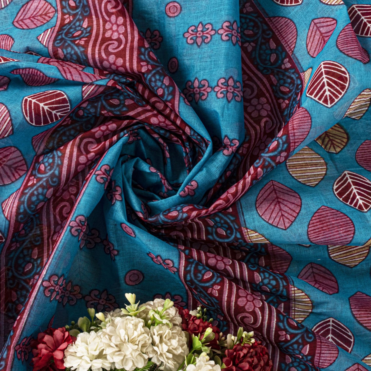 Sanskriti Vintage Saree Blue 100%Pure Cotton Leaf Printed Sari 5+YD Craft Fabric