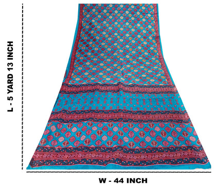 Sanskriti Vintage Saree Blue 100%Pure Cotton Leaf Printed Sari 5+YD Craft Fabric