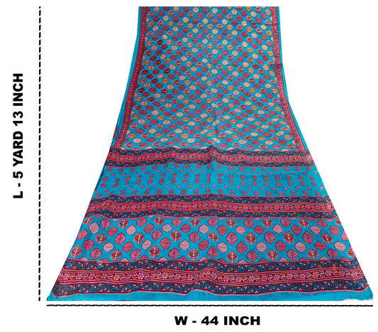 Sanskriti Vintage Saree Blue 100%Pure Cotton Leaf Printed Sari 5+YD Craft Fabric