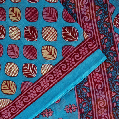 Sanskriti Vintage Saree Blue 100%Pure Cotton Leaf Printed Sari 5+YD Craft Fabric