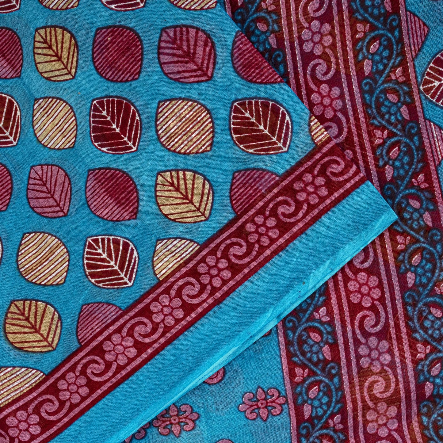 Sanskriti Vintage Saree Blue 100%Pure Cotton Leaf Printed Sari 5+YD Craft Fabric