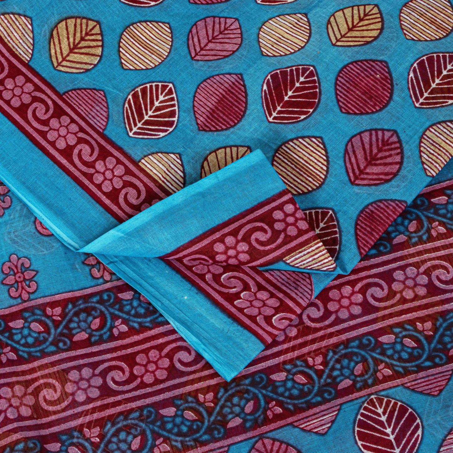 Sanskriti Vintage Saree Blue 100%Pure Cotton Leaf Printed Sari 5+YD Craft Fabric