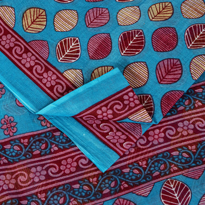 Sanskriti Vintage Saree Blue 100%Pure Cotton Leaf Printed Sari 5+YD Craft Fabric