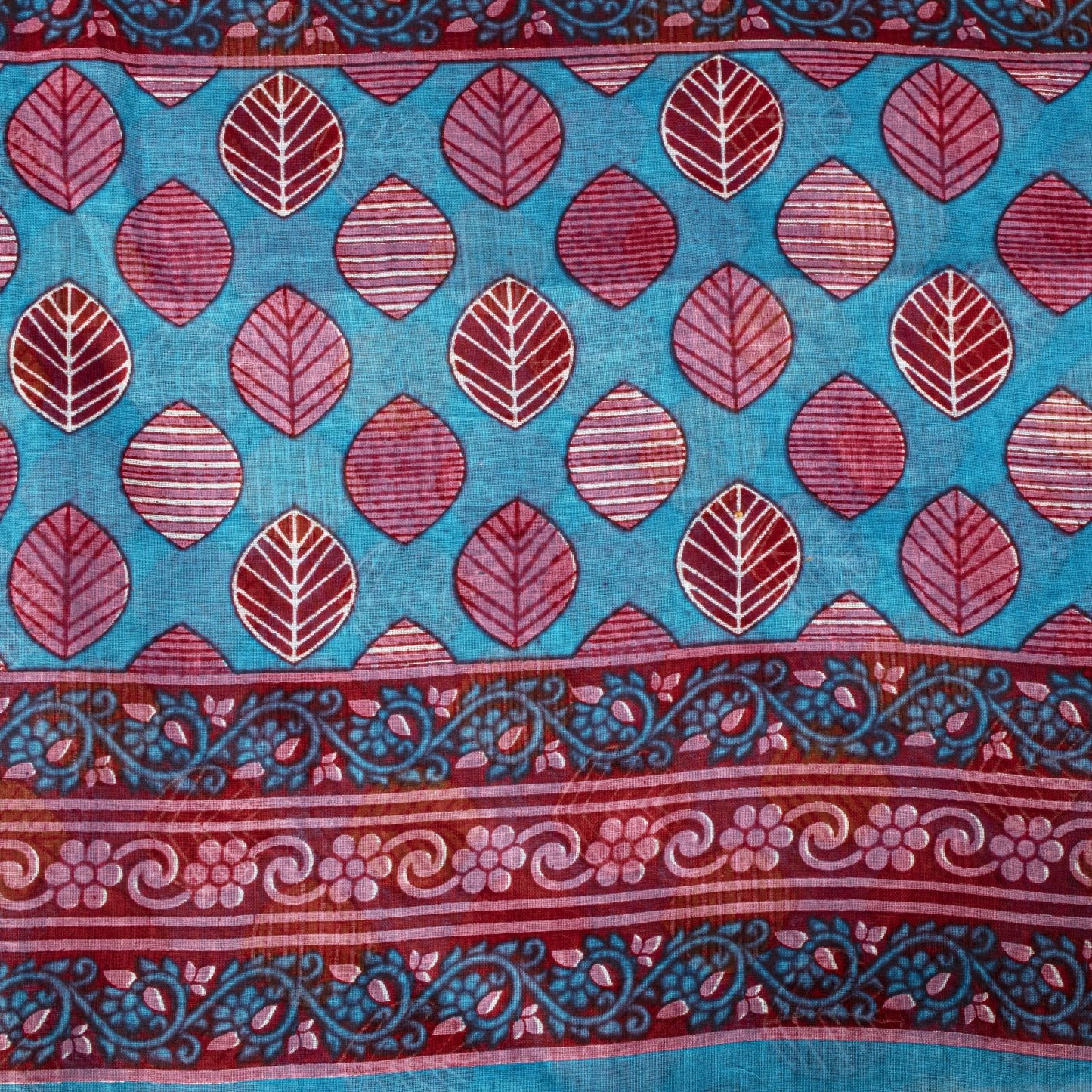 Sanskriti Vintage Saree Blue 100%Pure Cotton Leaf Printed Sari 5+YD Craft Fabric