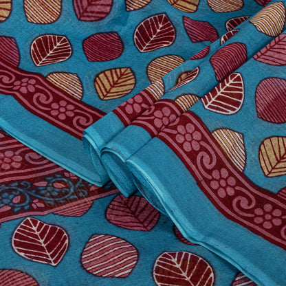 Sanskriti Vintage Saree Blue 100%Pure Cotton Leaf Printed Sari 5+YD Craft Fabric