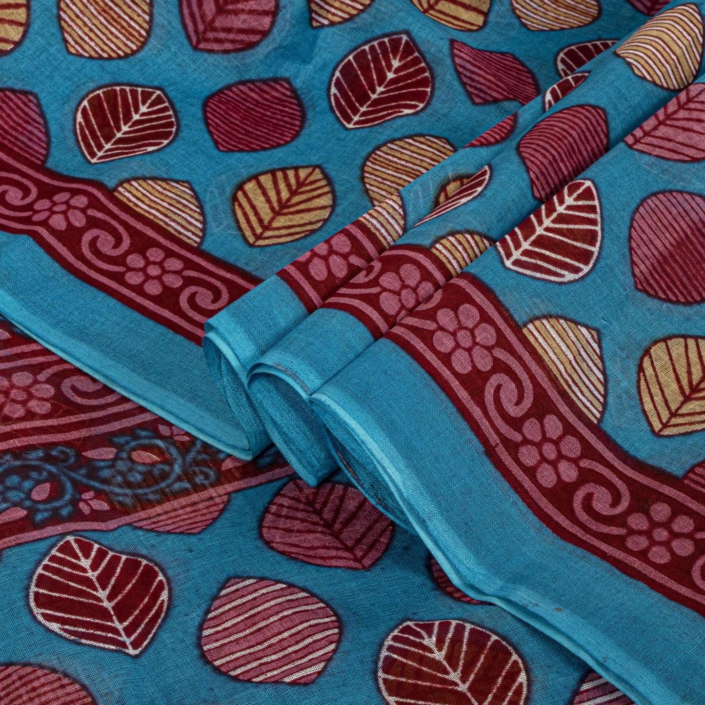 Sanskriti Vintage Saree Blue 100%Pure Cotton Leaf Printed Sari 5+YD Craft Fabric
