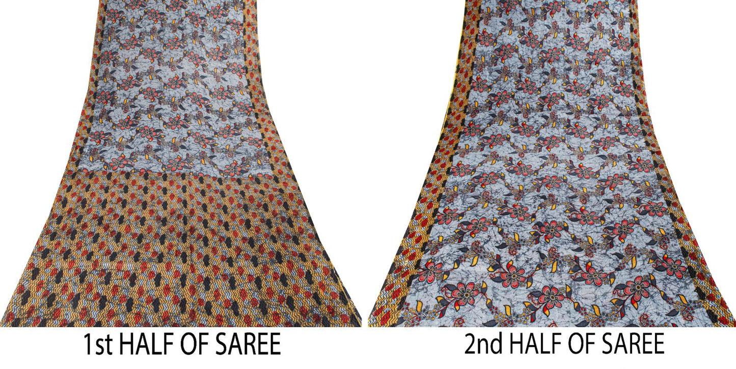Sanskriti Vintage Saree Bluish-Gray Pure Cotton Floral Printed Sari 5+YD Fabric
