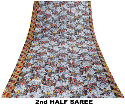 Sanskriti Vintage Saree Bluish-Gray Pure Cotton Floral Printed Sari 5+YD Fabric