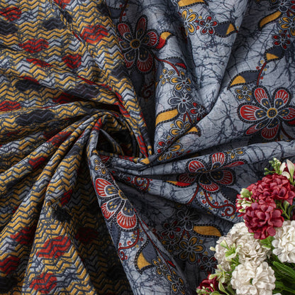 Sanskriti Vintage Saree Bluish-Gray Pure Cotton Floral Printed Sari 5+YD Fabric