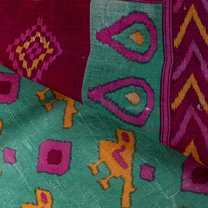 Sanskriti Vintage Saree Green-Pink Pure Cotton Peacock Patola Printed Sari 5.5YD