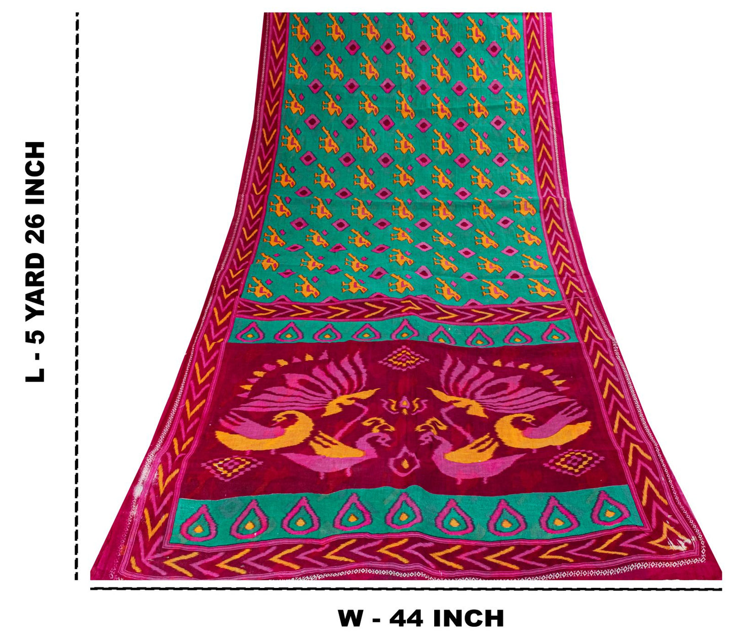 Sanskriti Vintage Saree Green-Pink Pure Cotton Peacock Patola Printed Sari 5.5YD