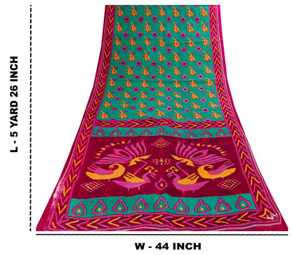 Sanskriti Vintage Saree Green-Pink Pure Cotton Peacock Patola Printed Sari 5.5YD