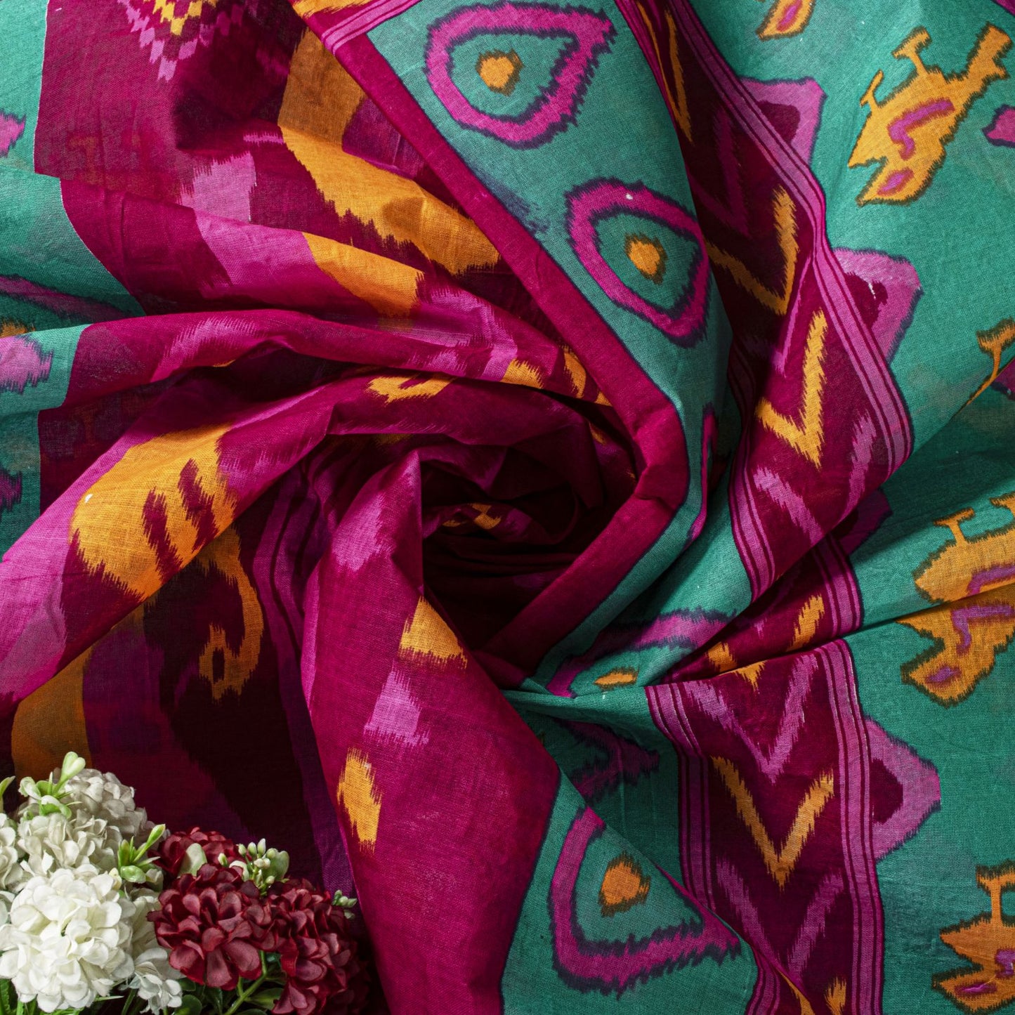 Sanskriti Vintage Saree Green-Pink Pure Cotton Peacock Patola Printed Sari 5.5YD