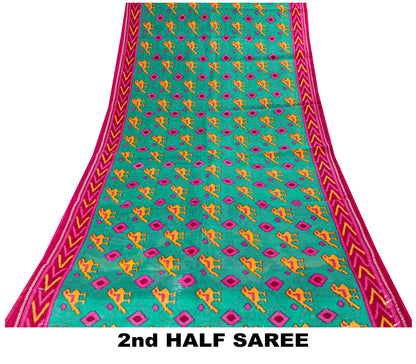 Sanskriti Vintage Saree Green-Pink Pure Cotton Peacock Patola Printed Sari 5.5YD