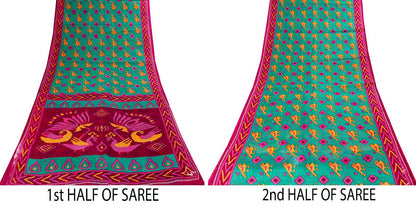 Sanskriti Vintage Saree Green-Pink Pure Cotton Peacock Patola Printed Sari 5.5YD
