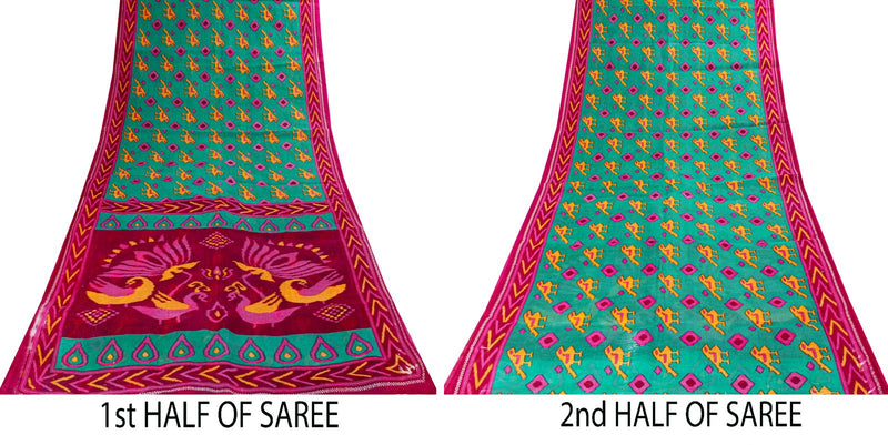 Sanskriti Vintage Saree Green-Pink Pure Cotton Peacock Patola Printed Sari 5.5YD