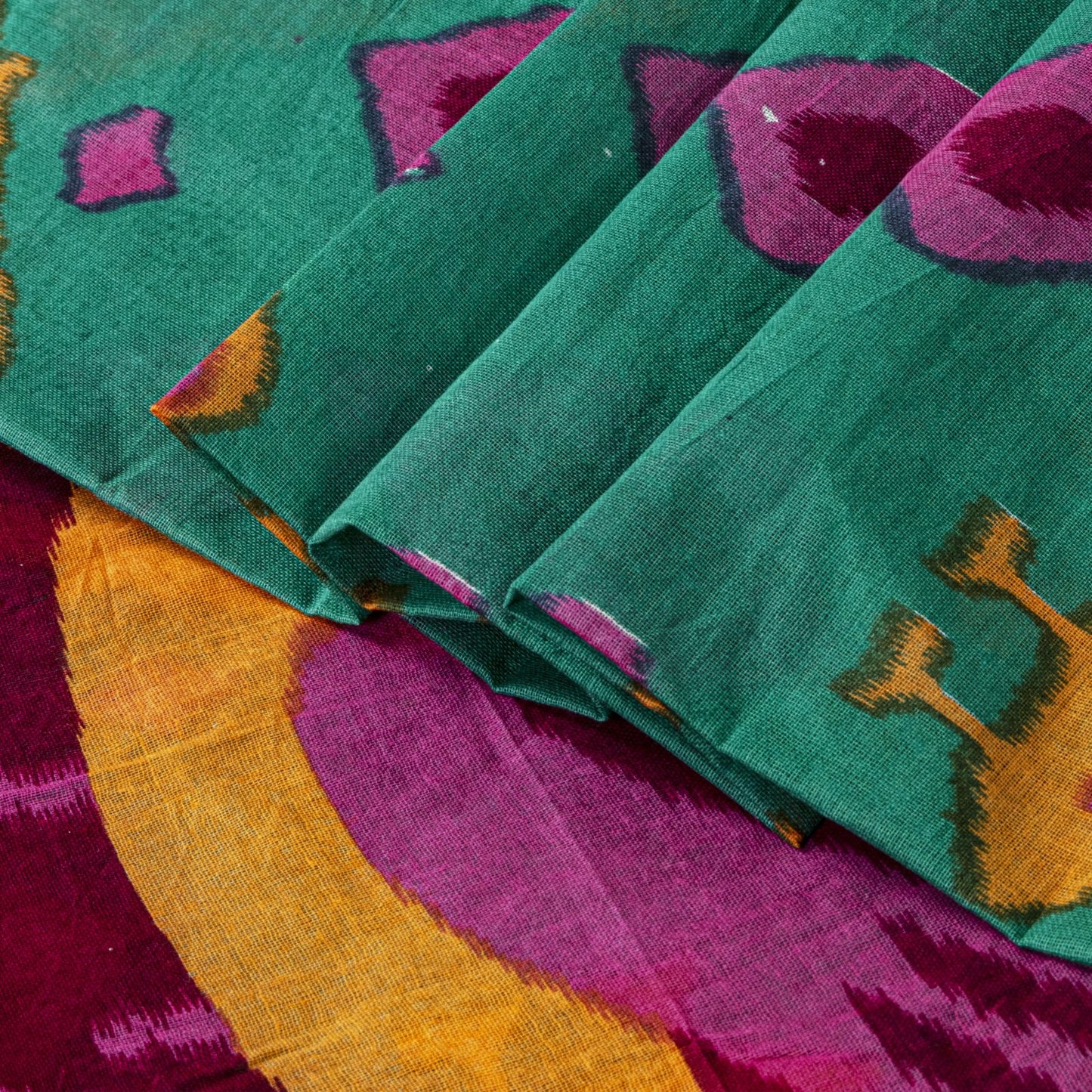 Sanskriti Vintage Saree Green-Pink Pure Cotton Peacock Patola Printed Sari 5.5YD