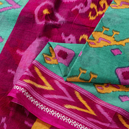 Sanskriti Vintage Saree Green-Pink Pure Cotton Peacock Patola Printed Sari 5.5YD