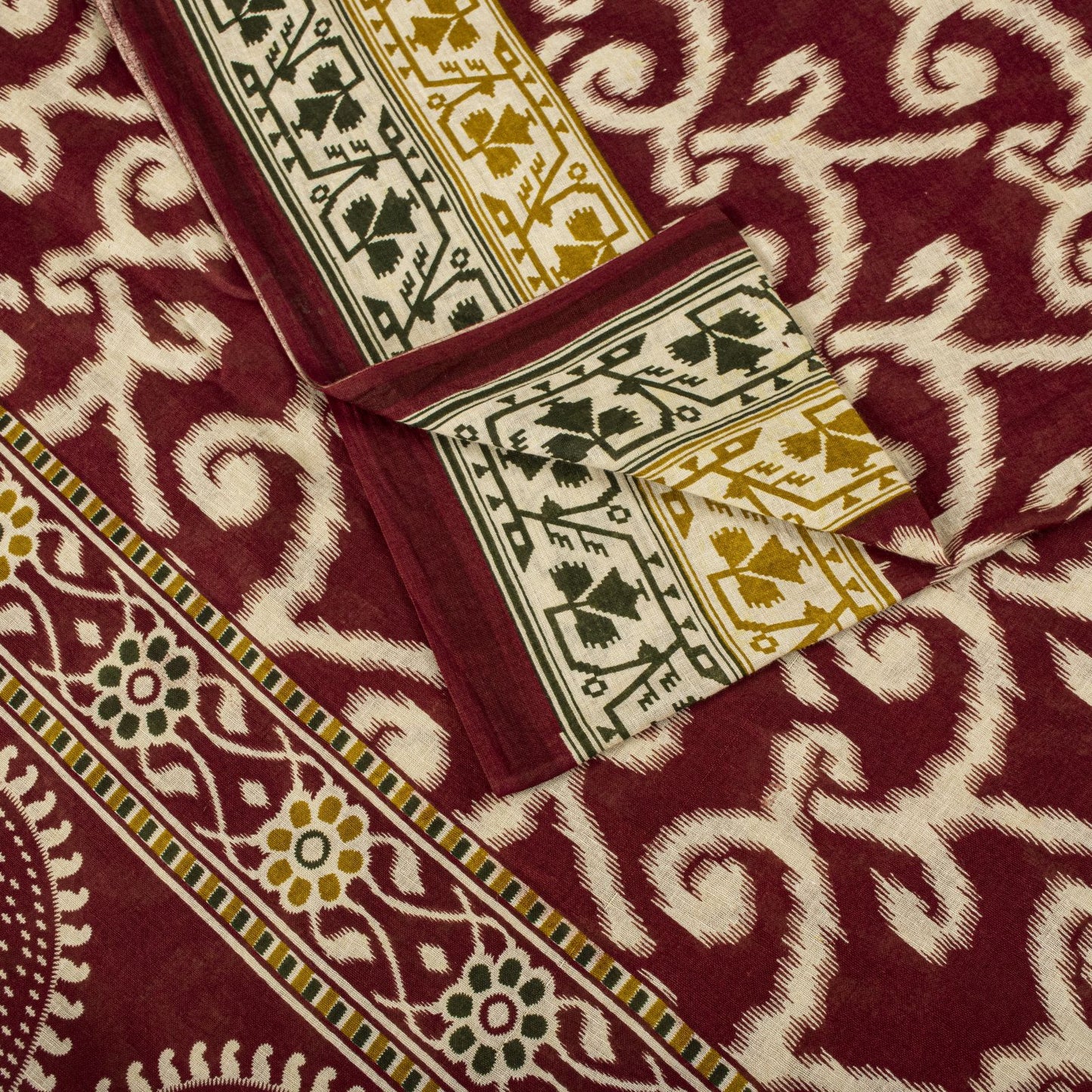 Sanskriti Vintage Saree Red 100% Pure Cotton Ikat-Jamdani Print Sari 5+YD Craft Fabric