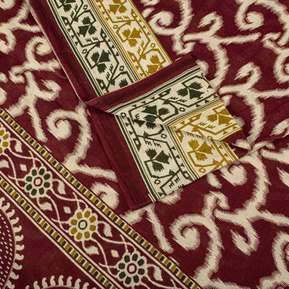 Sanskriti Vintage Saree Red 100% Pure Cotton Ikat-Jamdani Print Sari 5+YD Craft Fabric