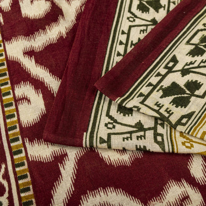 Sanskriti Vintage Saree Red 100% Pure Cotton Ikat-Jamdani Print Sari 5+YD Craft Fabric