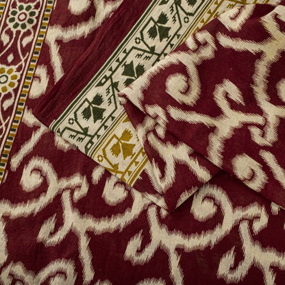 Sanskriti Vintage Saree Red 100% Pure Cotton Ikat-Jamdani Print Sari 5+YD Craft Fabric
