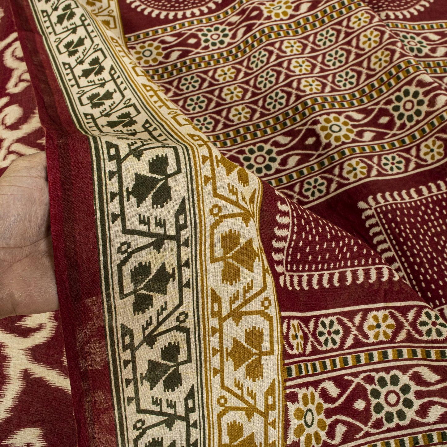 Sanskriti Vintage Saree Red 100% Pure Cotton Ikat-Jamdani Print Sari 5+YD Craft Fabric